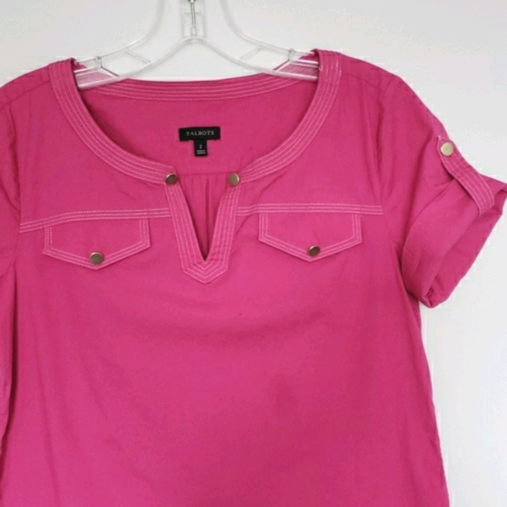 Talbots Pink Short Sleeved Rolled Sleeve Top Blouse with Pockets